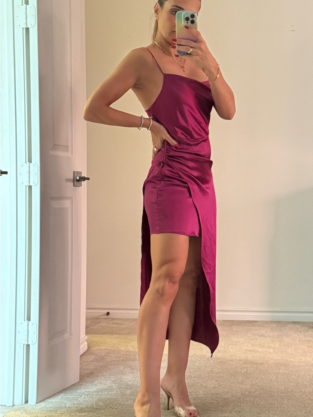Zara Satin High-Low Slip Dress in Berry